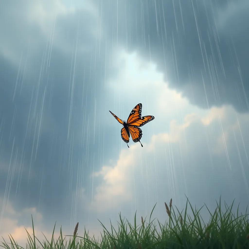 Un cielo nublado con la lluvia comenzando a caer, la mariposa descendiendo rápidamente hacia el suelo, el saltamontes gritando hacia ella, digital art, ambiente animado, colores suaves, perspectiva en ángulo, alta calidad