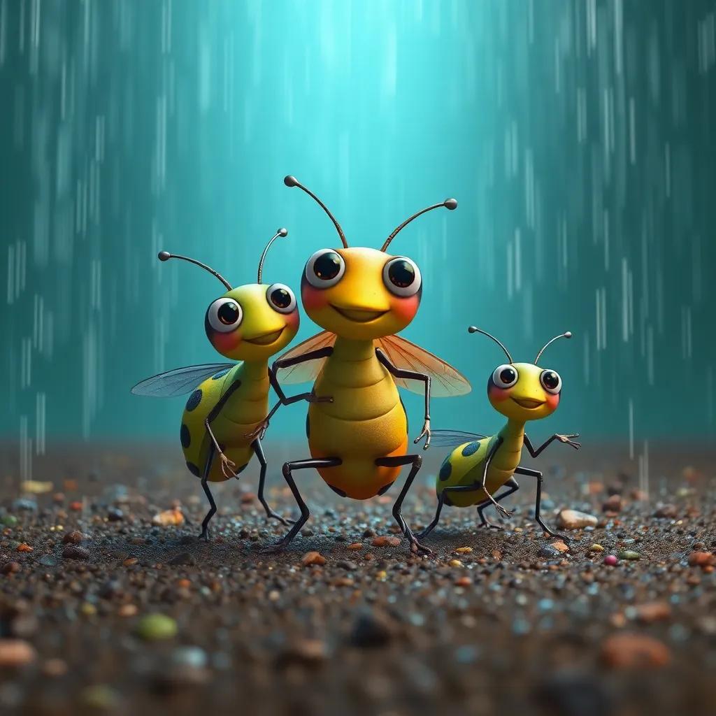 Los tres insectos corriendo juntos bajo la lluvia, saltando charcos, llenos de risas, digital art, alegre, atmósfera divertida, colores vibrantes, vista a nivel del suelo, alta calidad