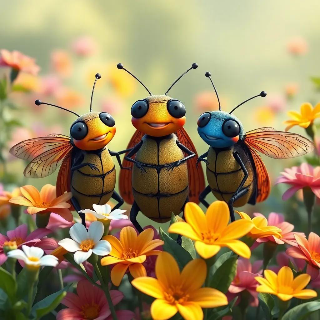 Los tres insectos llegando a la meta empapados pero felices, rodeados de flores, celebrando su amistad, con sonrisas en sus rostros, digital art, colorido, cálido, escena del jardín, alta calidad