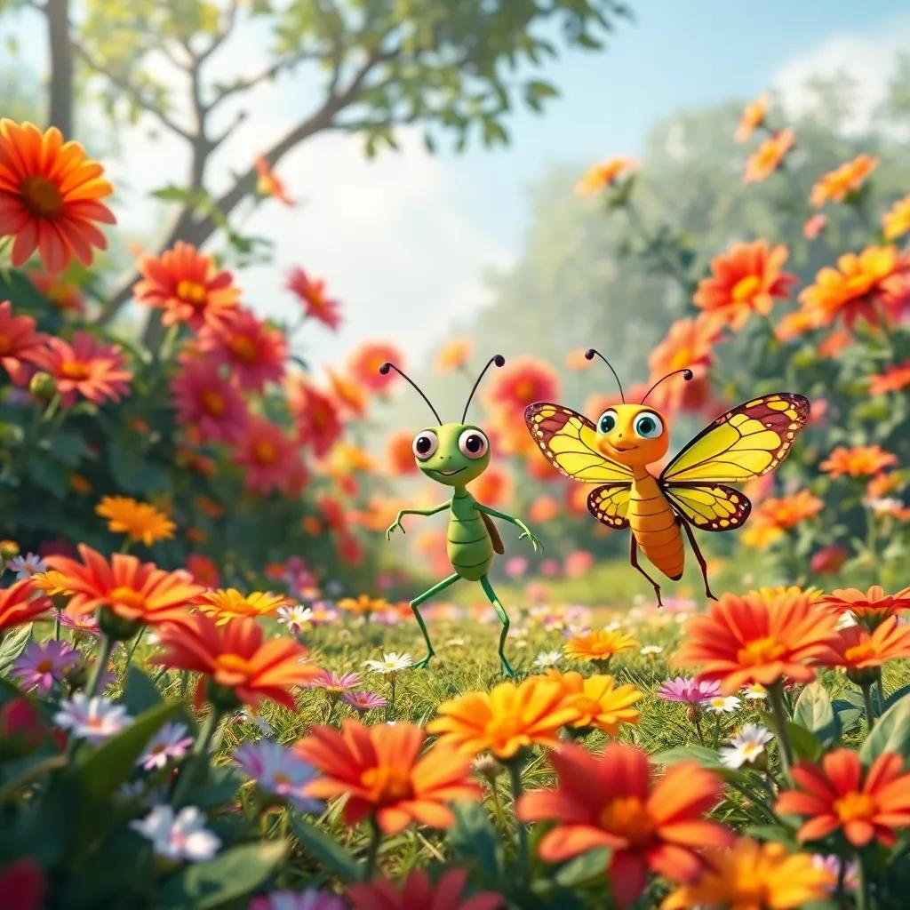 A beautiful garden filled with bright flowers, three insects gathering for a race: a small ant named Amiga, a fast grasshopper named Salto, and a cheerful butterfly named Luz, vibrant colors, sunny, cheerful atmosphere, digital art, engaging, warm lighting