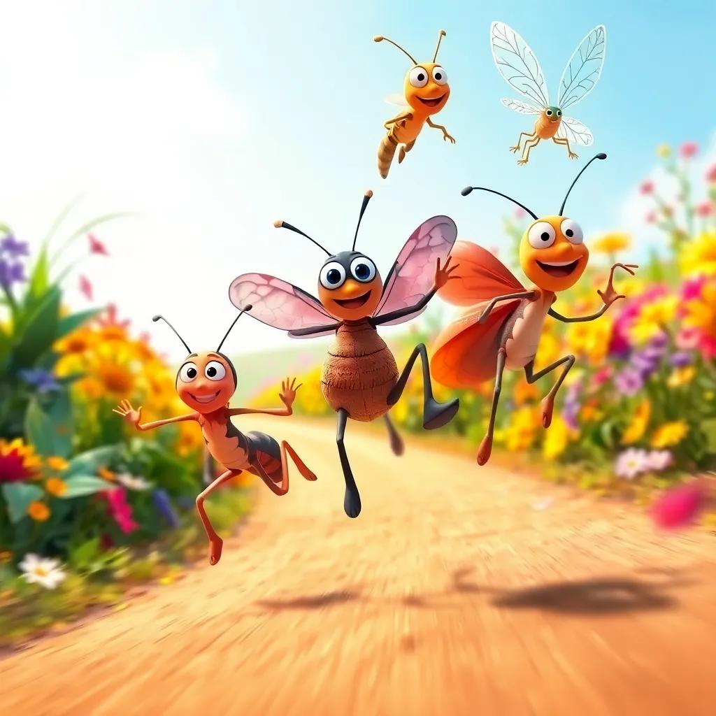 The race starts with a bang, all the insects running fast: Amiga using her strong legs, Salto jumping high with his big hind legs, and Luz flying in the air, colorful garden background, action-packed, joyful moment, dynamic composition