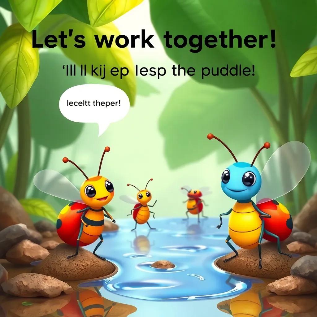 The insects face obstacles like big leaves and puddles, Amiga saying, 'Let's work together! I'll help cross the puddle', determined expressions, teamwork theme, colorful, engaging, encouraging atmosphere
