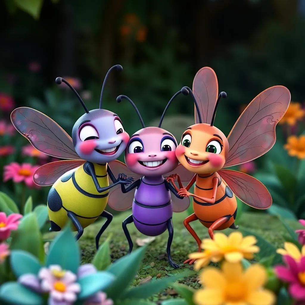The insects successfully overcoming challenges, working together with smiles on their faces, Amiga, Salto, and Luz helping each other, colorful garden scenery, heartwarming, friendship theme, uplifting