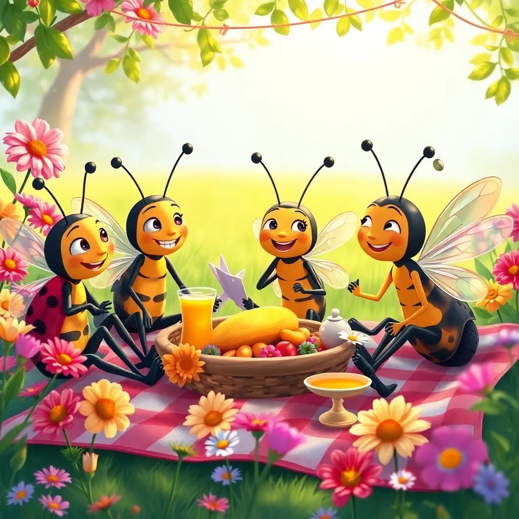 A celebratory picnic after the race, the insects sharing sweet nectar, telling stories, happy smiles, colorful picnic blanket, surrounded by flowers, joyful and inviting atmosphere, child-friendly illustration
