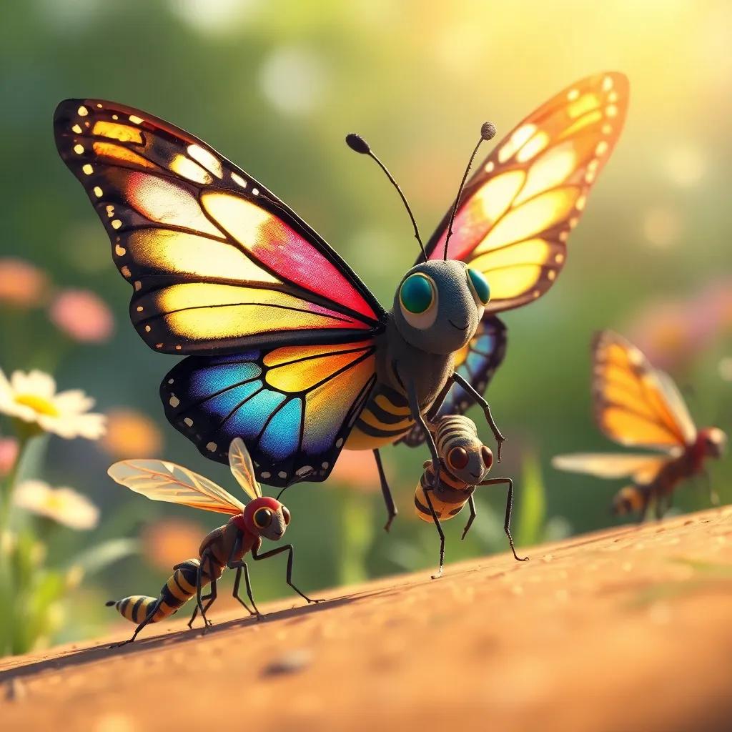 Mariposa con alas brillantes volando alto, saltamontes estirándose en el suelo, hormiga moviéndose rápido, todos preparados para la carrera, ilustración alegre, colores vibrantes, ambiente emocionante