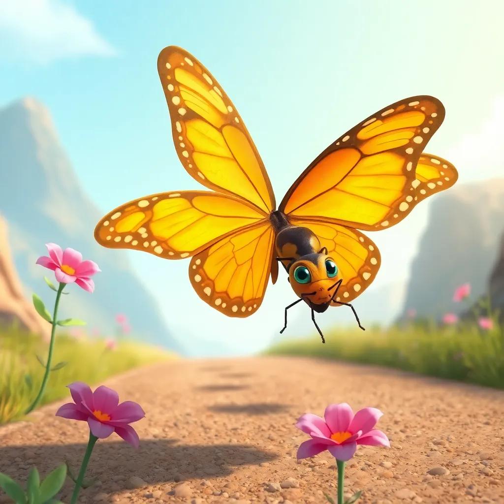 La mariposa volando, salta el saltamontes distraído por una flor, la hormiga con mirada decidida avanzando por el camino, ilustración colorida, atmósfera de carrera, clara y vibrante
