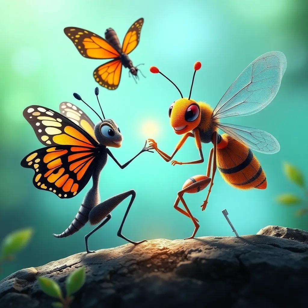 La mariposa y el saltamontes uniendo fuerzas, la hormiga creando un plan, todos felices y trabajando juntos, arte digital, cálido y amigable