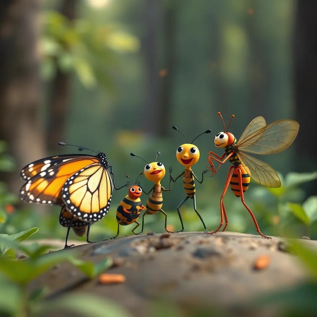 El grupo de insectos celebrando felices en la meta, mariposa, saltamontes y hormiga sonriendo, bosque de fondo, atmósfera de alegría, arte digital, colores cálidos, festivo