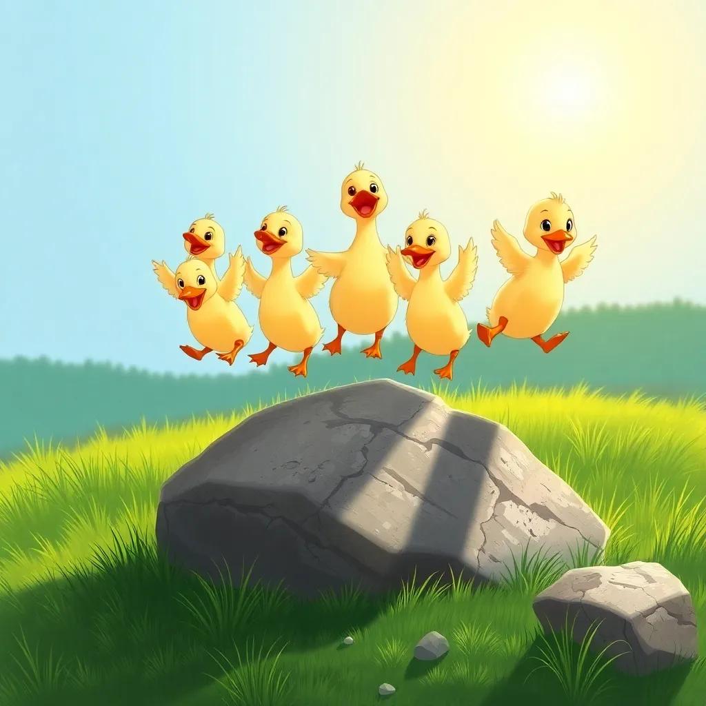 Five energetic ducklings jumping over a big rock, with green grass and a bright sun in the background, fun and playful, illustration, colorful, high quality