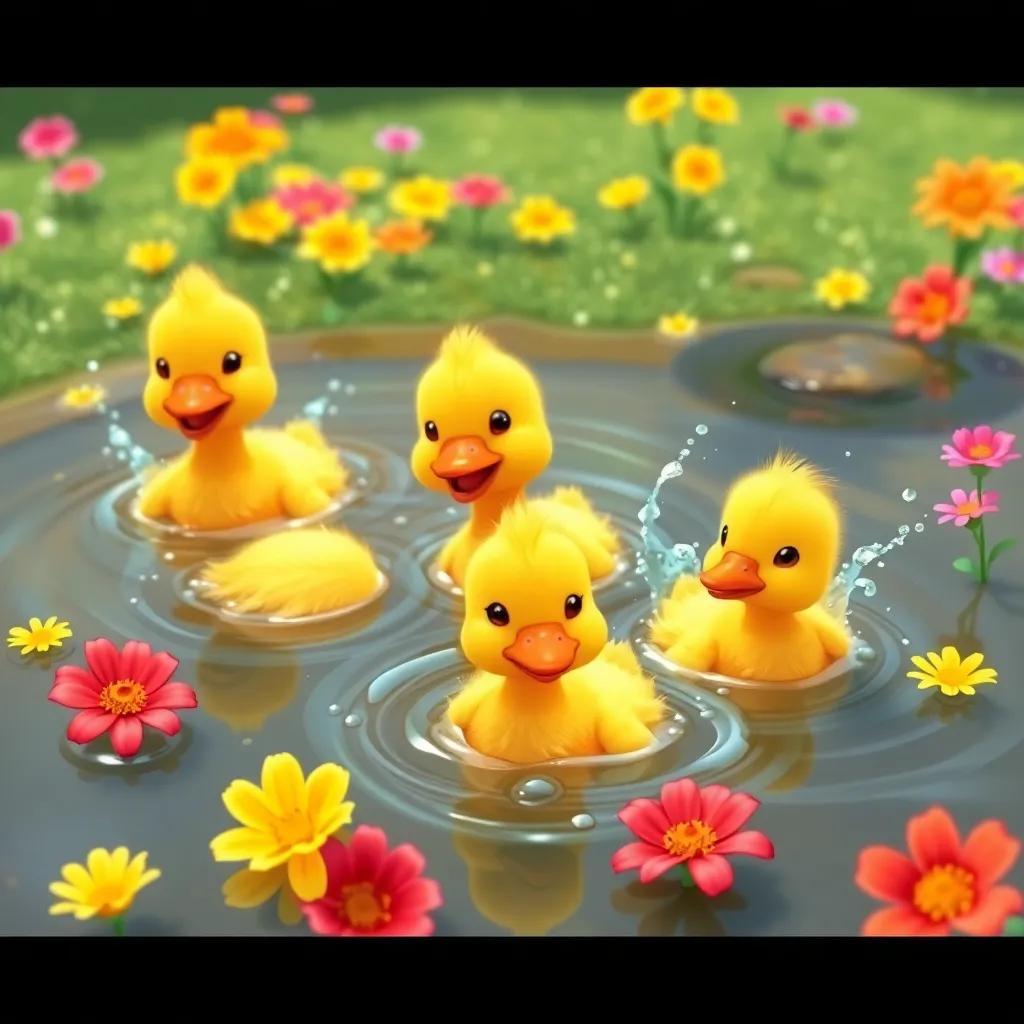 The ducklings happily swimming in a deep puddle, splashing water everywhere, surrounded by bright flowers, cartoon style, joyful, bright colors, high quality