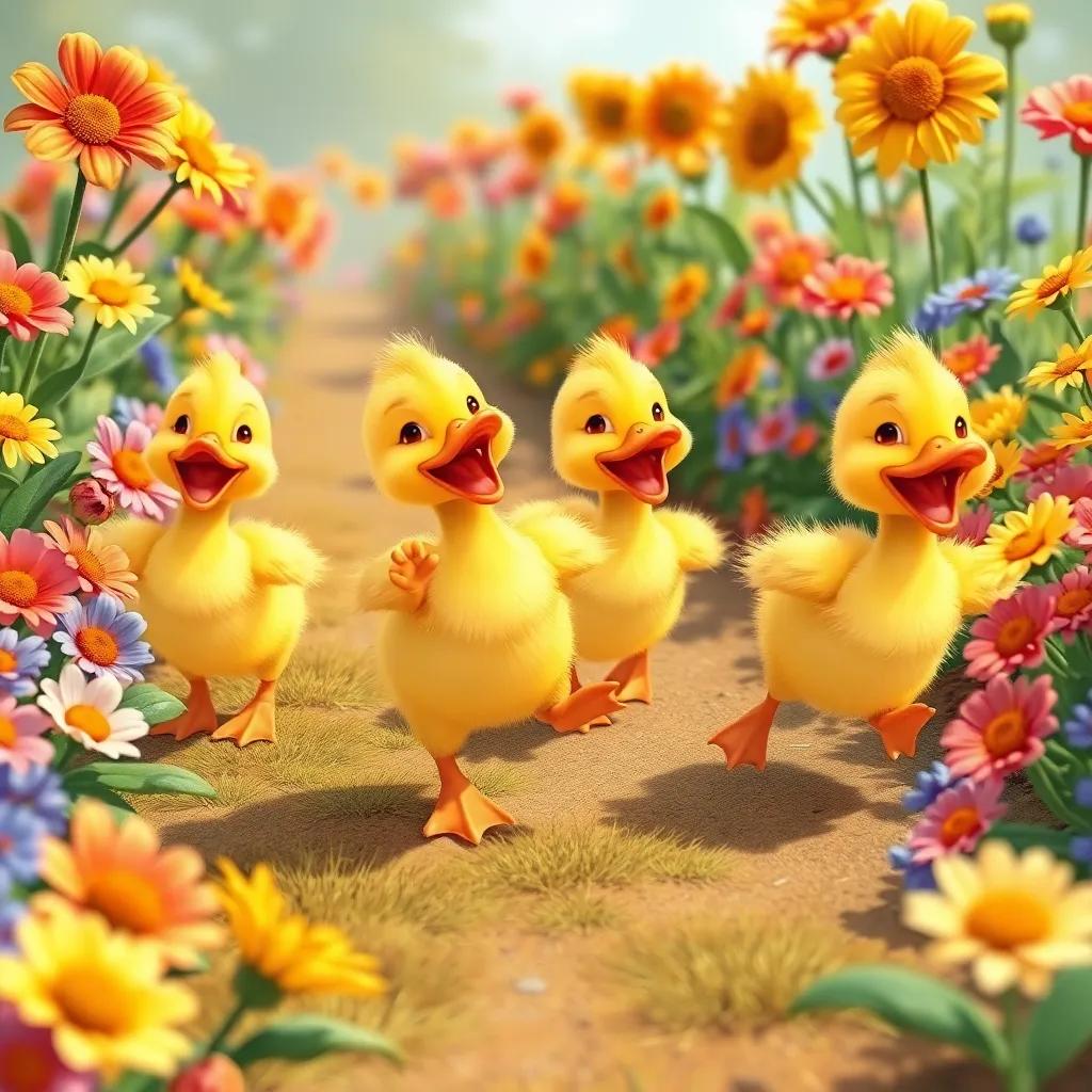The ducklings playfully running through a line of colorful flowers, enjoying their surroundings and laughing, whimsical scene, illustration, cheerful, high quality