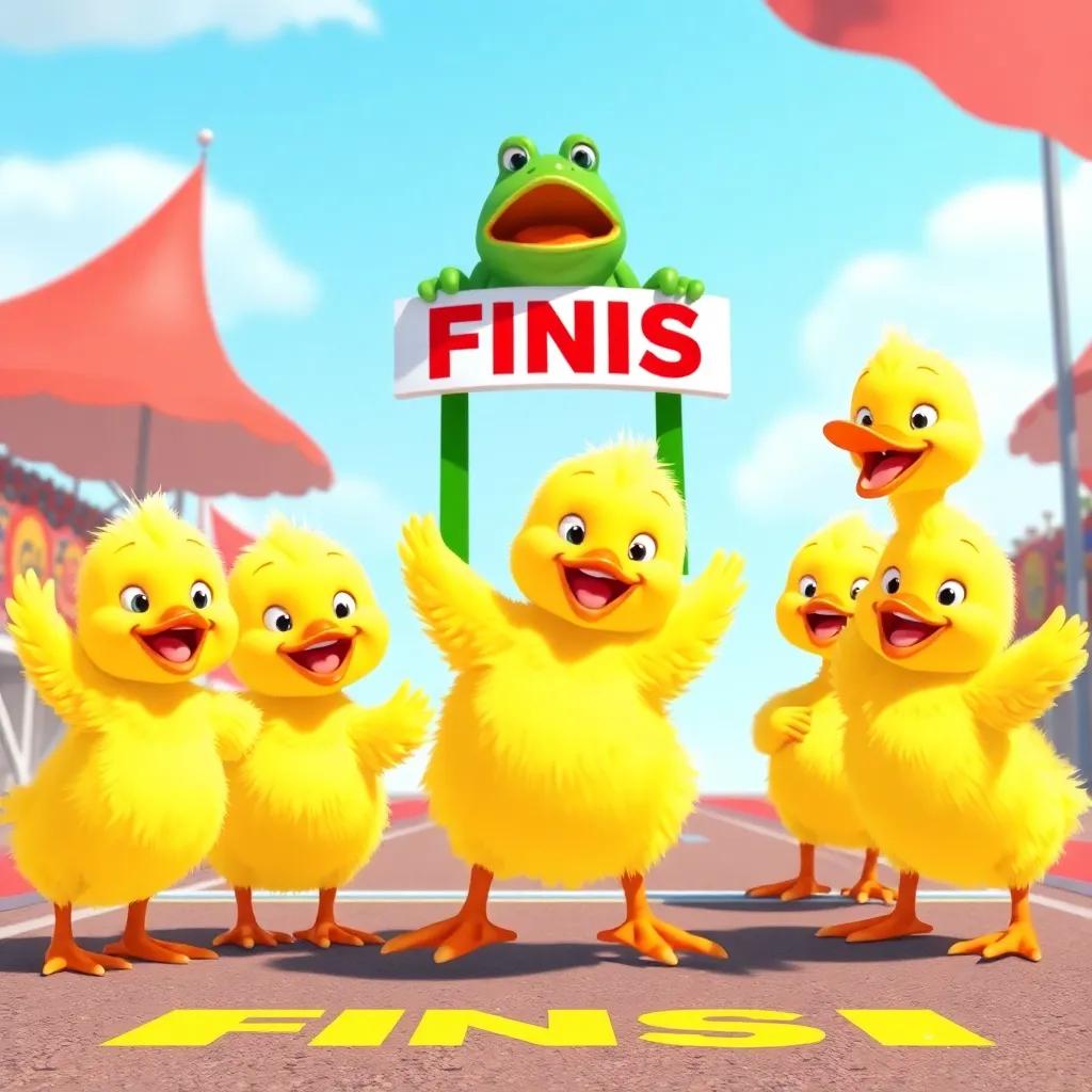 The five ducklings celebrating at the finish line, smiling and happy, with a frog awarding them, sunny day, friendly atmosphere, digital art, uplifting, high quality