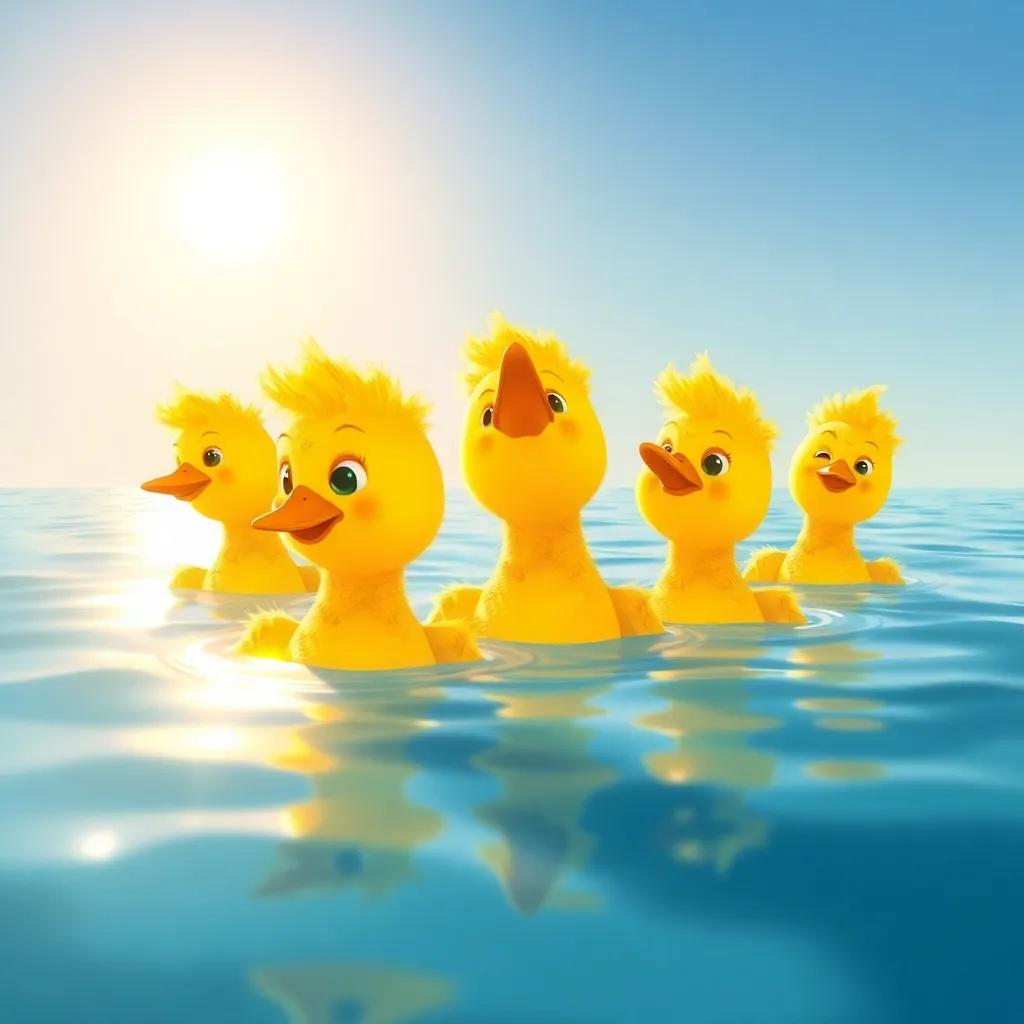 Un grupo de patitos traviesos, nadando en un estanque brillante bajo el sol, con plumas amarillas y ojos curiosos, ilustración infantil, colores vibrantes, alegre, perspectiva cercana, arte digital, alta calidad