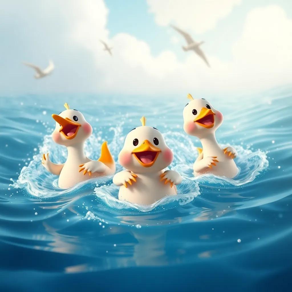 Los patitos nadando rápidamente, rodeados de una gran rama flotante, con movimientos divertidos y risas en el aire, estilo caricaturista, ambiente divertido, saturación alta, digital, perspectiva dinámica, arte de alta calidad