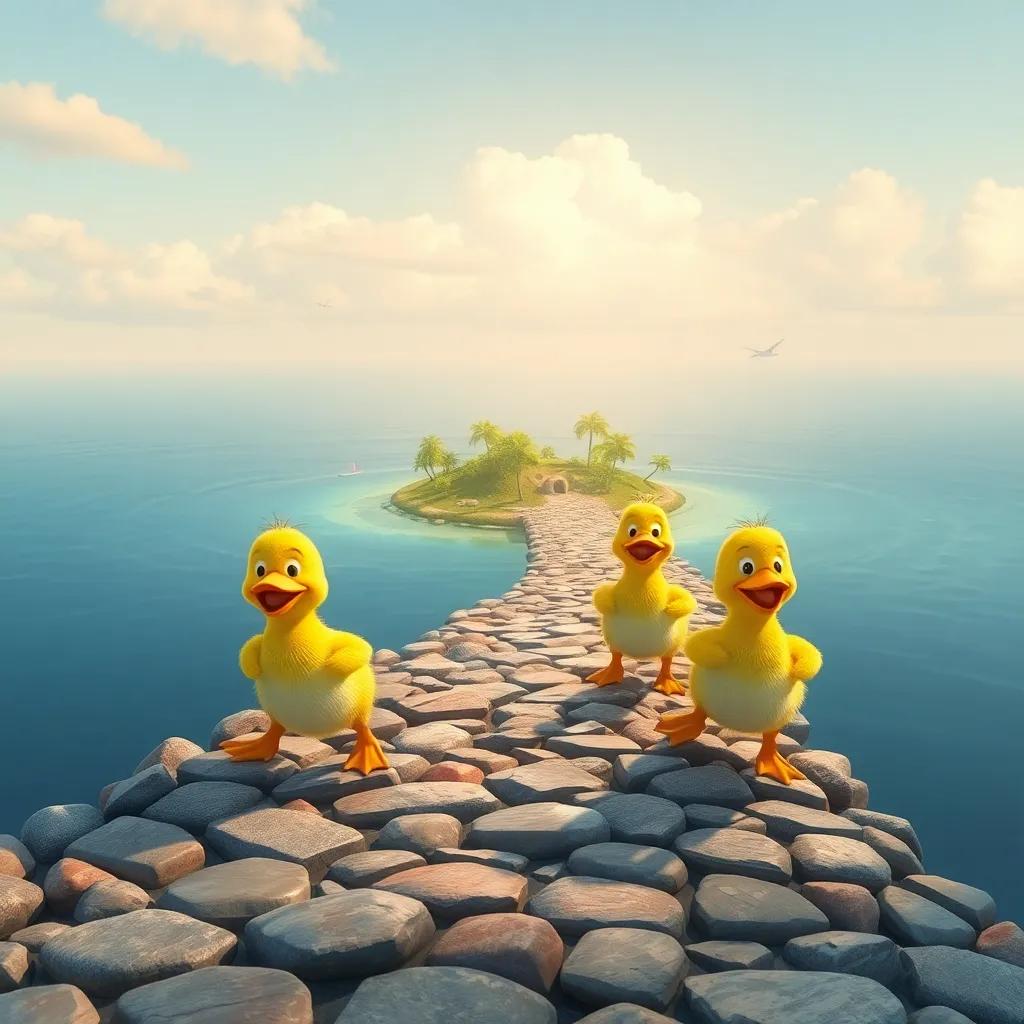Los patitos llegando a una pequeña isla, tratando de cruzar un camino de piedras resbaladizas, se ven cómicos mientras caen y se levantan, estilo cómico, ambiente alegre, colores cálidos, perspectiva frontal, gráfica digital, alta calidad