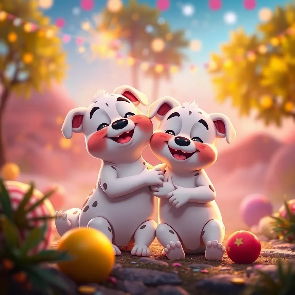 Los patitos en la meta, cansados pero felices, abrazándose y celebrando, un ambiente festivo con sonrisas brillantes y un hermoso paisaje, obra de arte vibrante, estilo alegre, colores brillantes, perspectiva envolvente, alta calidad