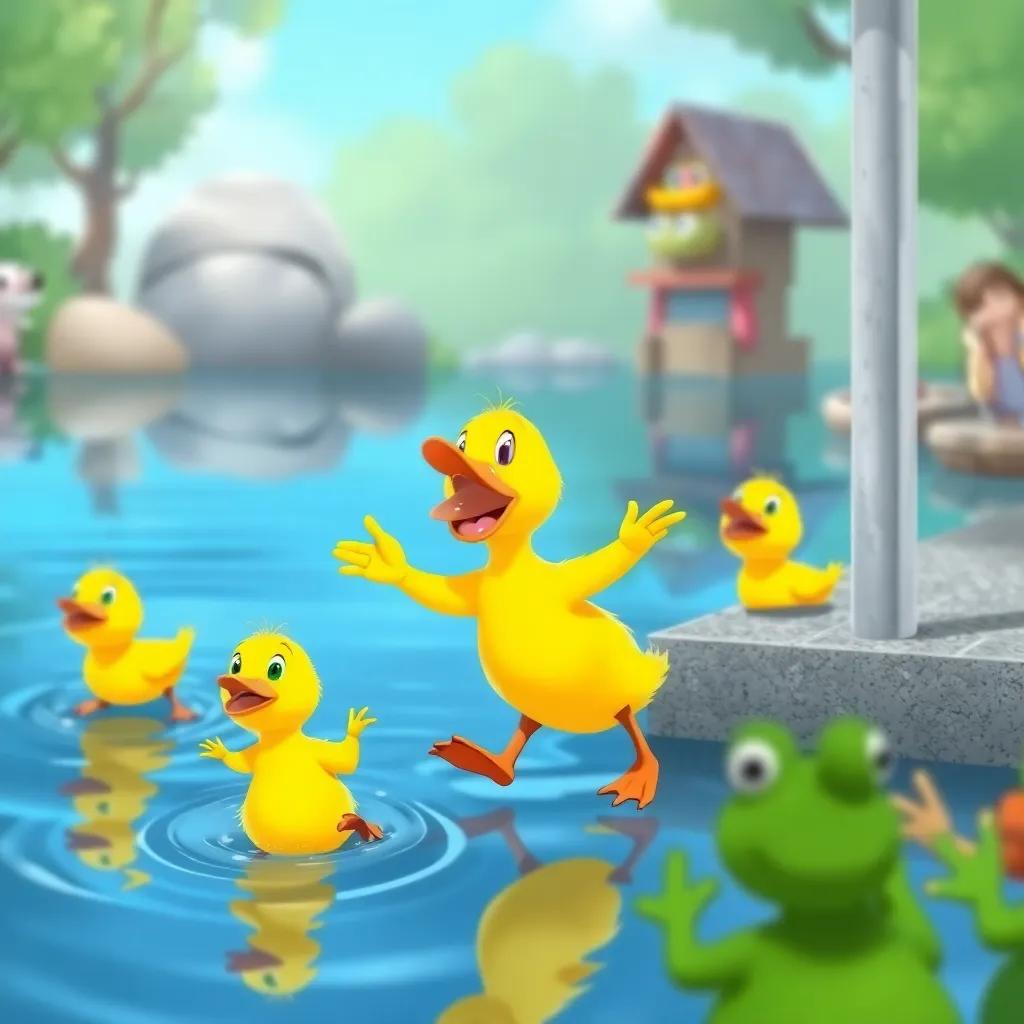 The leader duckling giving the start signal with its little beak, while the other ducklings jump into the water, animated scene, with frogs cheering, fun and lively atmosphere, cartoon style, vibrant