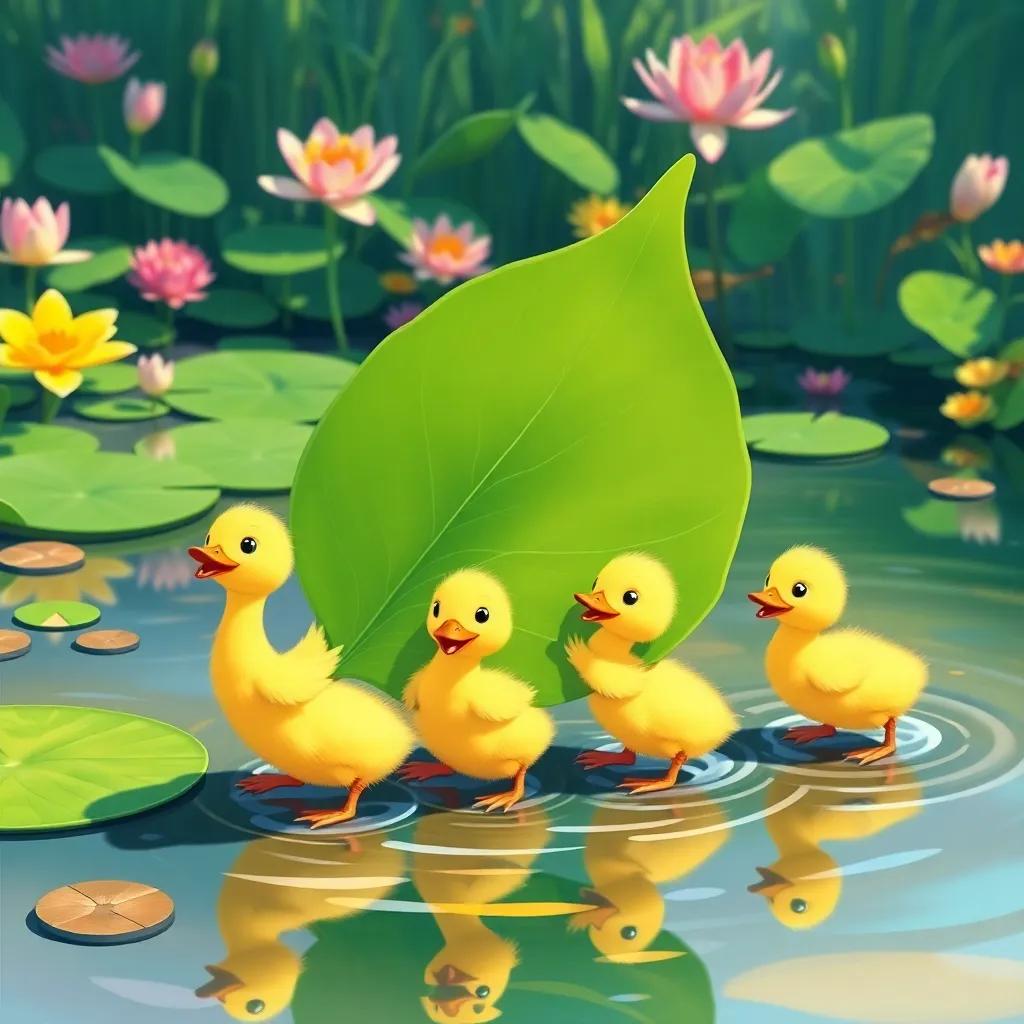 The ducklings pushing a large floating leaf out of their path in happy teamwork, colorful pond with lily pads and flowers in the background, illustration, bright colors, carefree mood, child-friendly