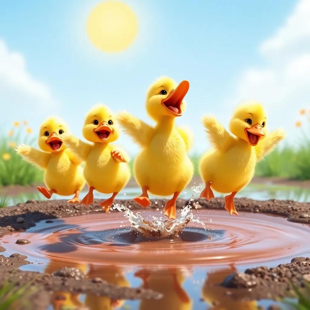The ducklings making a splash as they jump over a muddy puddle, with laughter and joy around, vibrant scene with a sunny background, fun and whimsical style, high quality