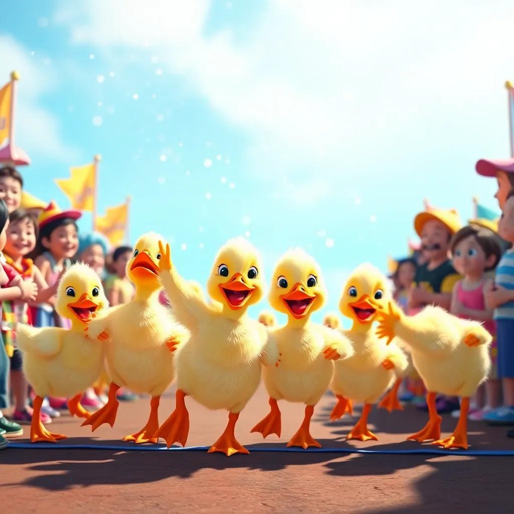 The ducklings reaching the finish line, celebrating together, surrounded by friends, with smiles and laughter, magical finale, colorful and inviting, capturing the joy of teamwork and friendship.