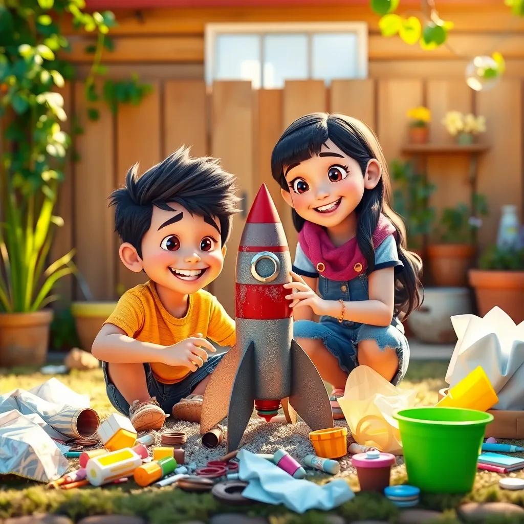Two friends, Tomás and Elena, building a homemade rocket in a cozy backyard, with colorful materials around them, bright sunlight, happy expressions, cheerful atmosphere, digital art, vibrant colors, child-friendly, high quality