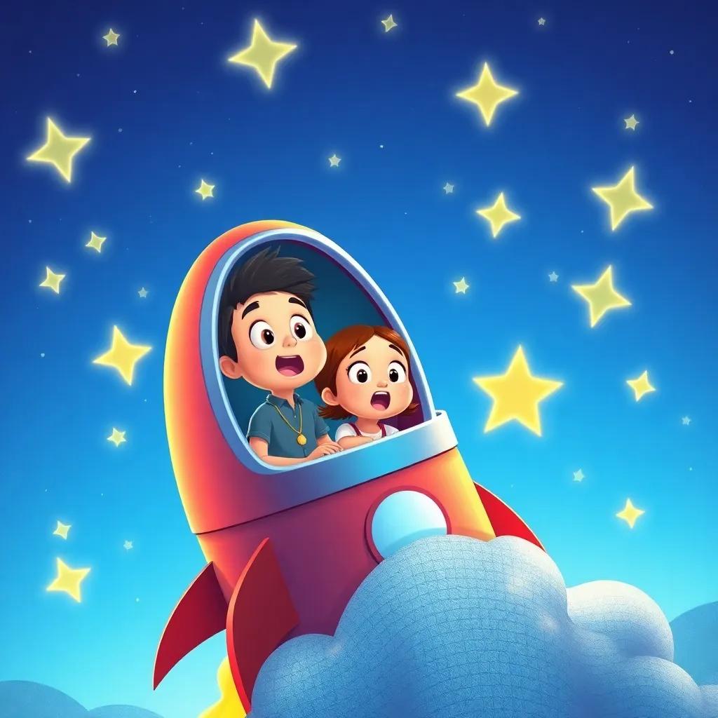 Tomás and Elena inside their rocket, surprised as it lifts off the ground, surrounded by sparkling stars, a blue sky, excitement on their faces, illustration, bright colors, fantasy theme, child-friendly, high quality