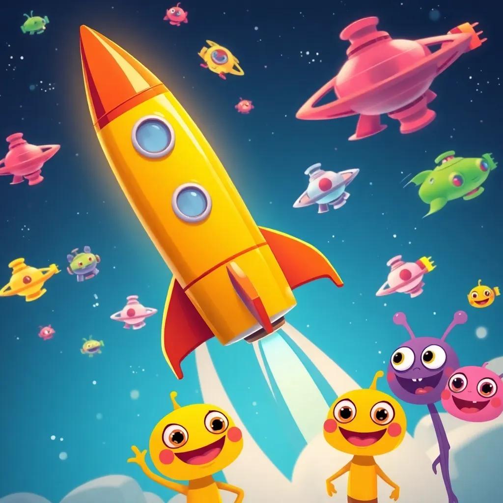 A colorful scene of their rocket flying through space, surrounded by various alien ships of different colors, smiling aliens with large eyes watching in excitement, cheerful and adventurous, illustration, vibrant and playful, high quality