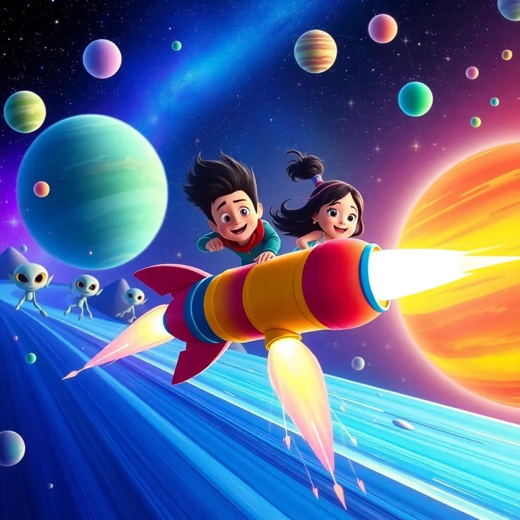 A thrilling intergalactic race taking place with Tomás and Elena's rocket zooming through the stars, colorful planets in the background, aliens cheering, action-packed, bright colors, fantastic child-friendly art style