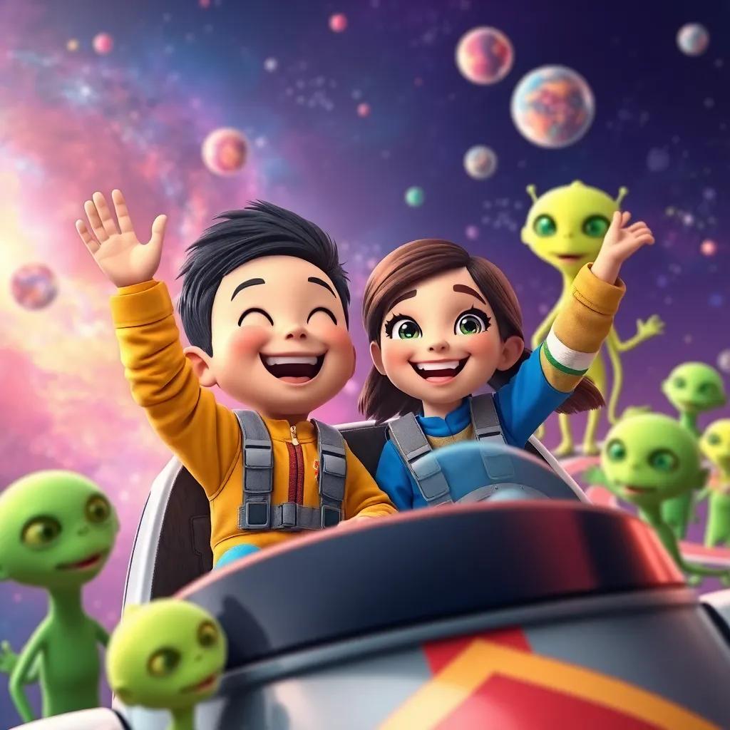 Tomás and Elena celebrating as they win the space race, smiling and waving to friendly aliens, a colorful galaxy in the background, joy and excitement all around, vibrant colors, child-friendly, high quality