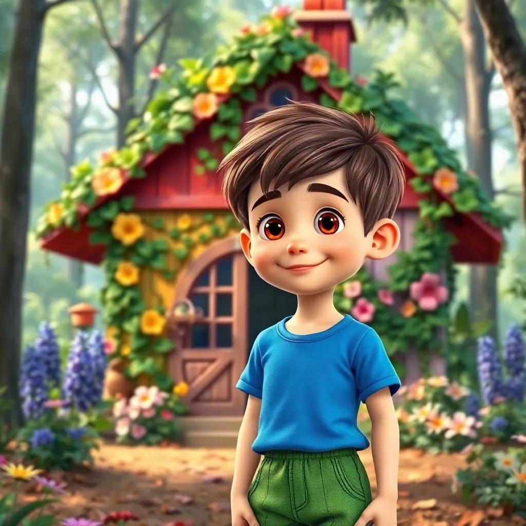 A young boy, Leo, with short brown hair, wearing a bright blue t-shirt and green shorts, standing in front of a colorful house covered in vines and flowers, in a forest, digital art, vibrant colors, cheerful atmosphere, high quality