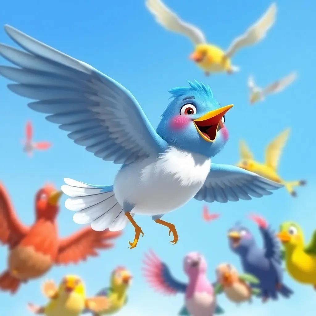 A blue-feathered songbird flying towards Leo, with a joyful expression, surrounded by other colorful birds, against a bright blue sky, illustration, dynamic and lively, child-friendly