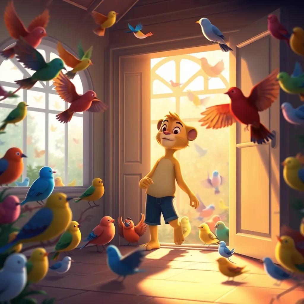 Leo stepping inside the house, with birds of all colors singing around him, inside the house filled with birds, warm sunlight streaming in, colorful light filtering, whimsical view, high quality