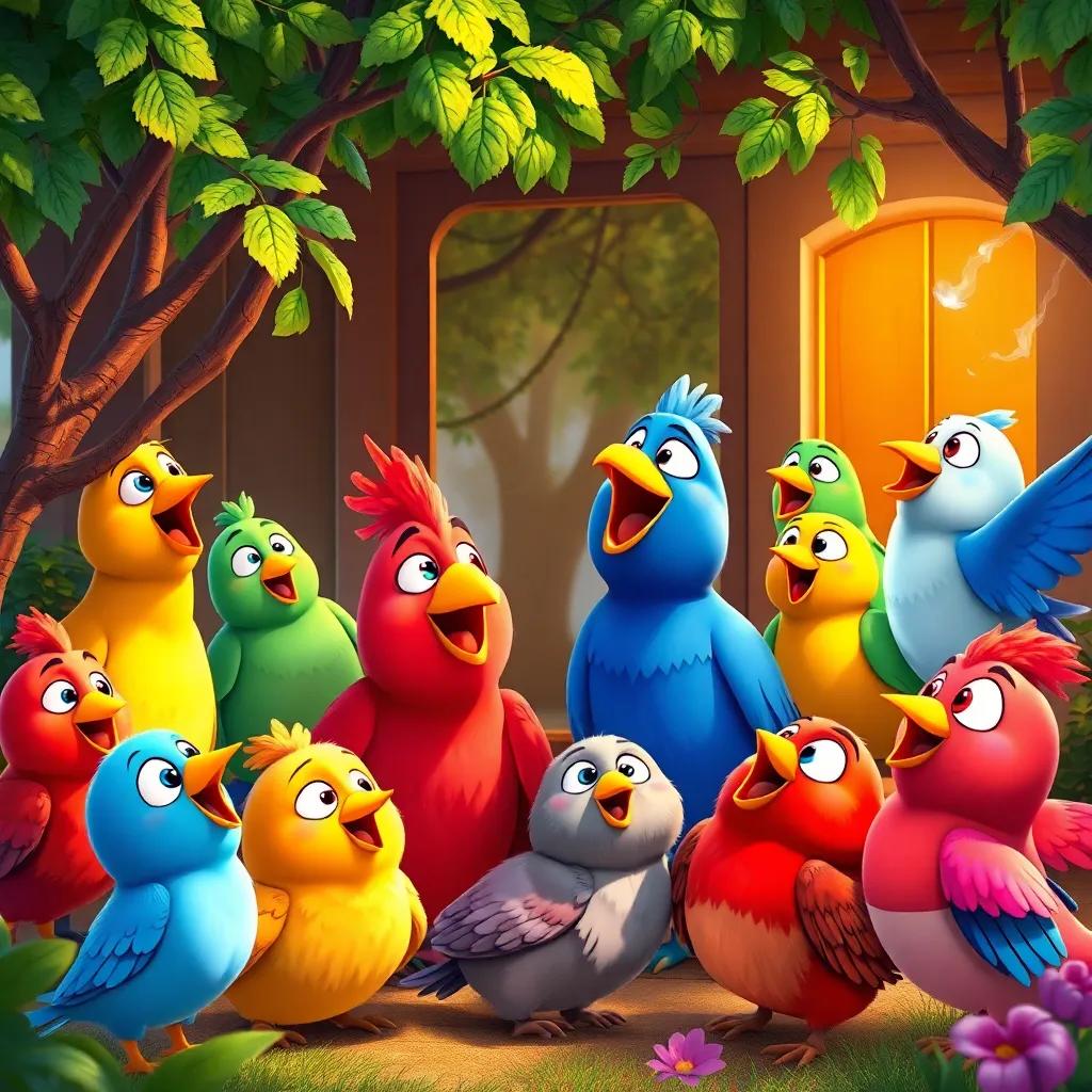 A joyful scene of various colorful birds singing together, with Leo smiling and singing along, trees swaying gently outside the house, a magical environment, colorful and bright
