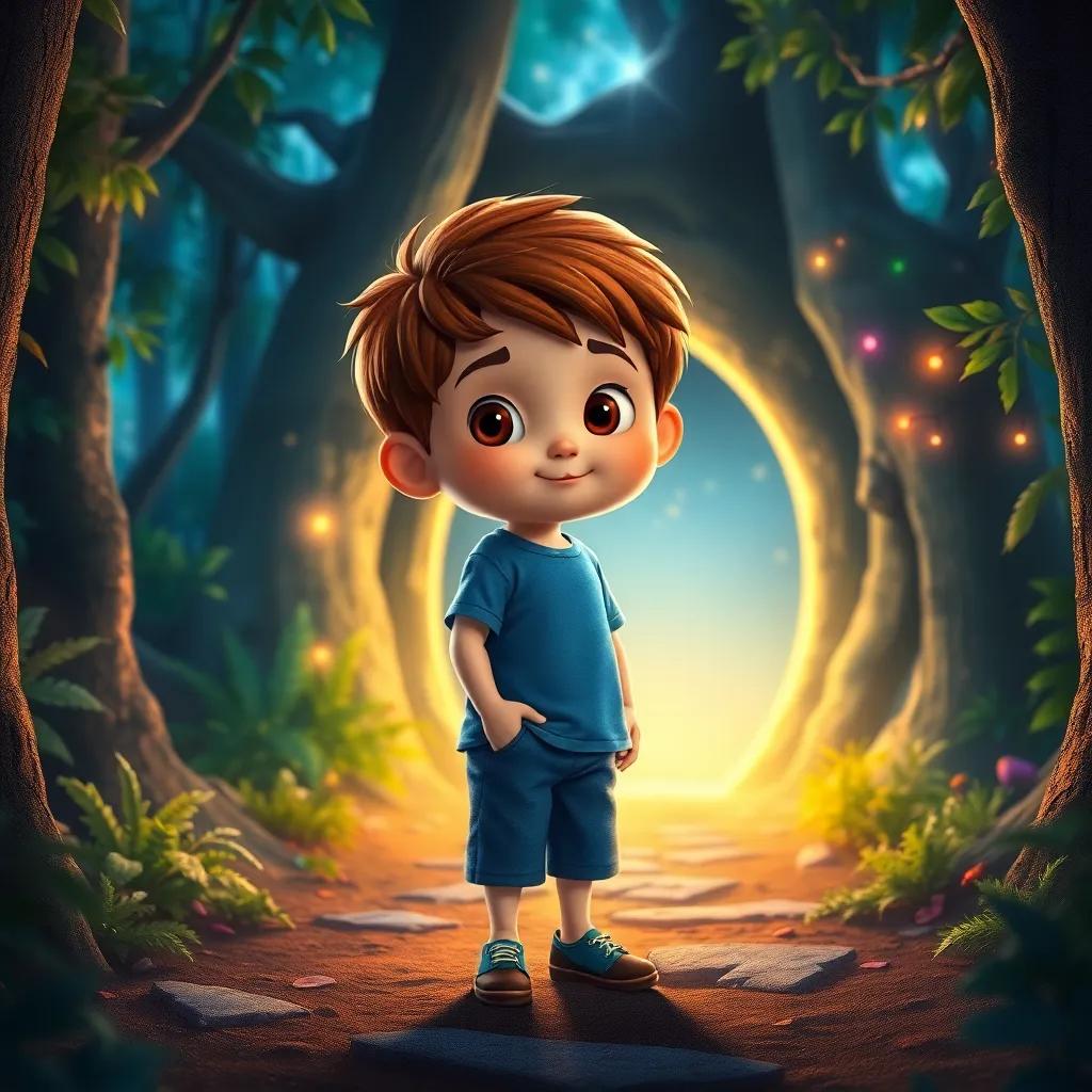 Un niño llamado Tomás, un niño pequeño con cabello castaño, usando una camiseta azul y pantalones cortos, frente a una puerta mágica en el bosque, cubierta de luces brillantes y colores vibrantes, digital art, vibrantes colores, misterioso y encantador