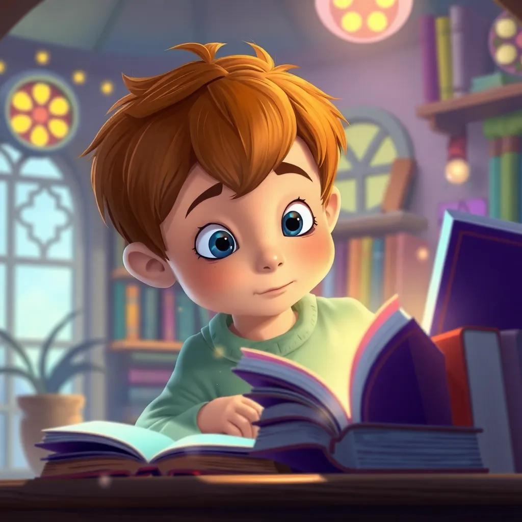Tomás, un niño pequeño con cabello castaño, mirando asombrado una estantería llena de libros coloridos en una casa mágica, los libros reluciendo y sonriendo, digital illustration, colorido y alegre, atmósfera mágica