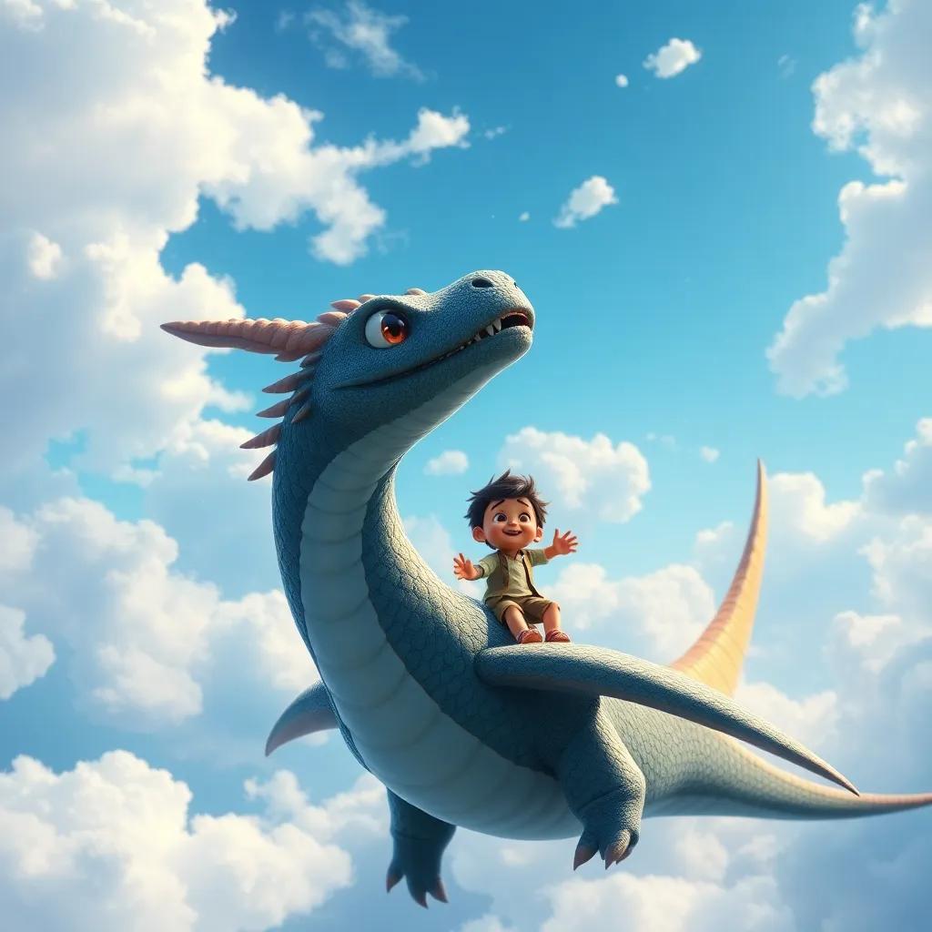 Un enorme dragón de escamas brillantes y ojos amigables junto a Tomás, volando por el cielo azul lleno de nubes esponjosas, digital painting, alegra y aventurera, perspectiva desde arriba
