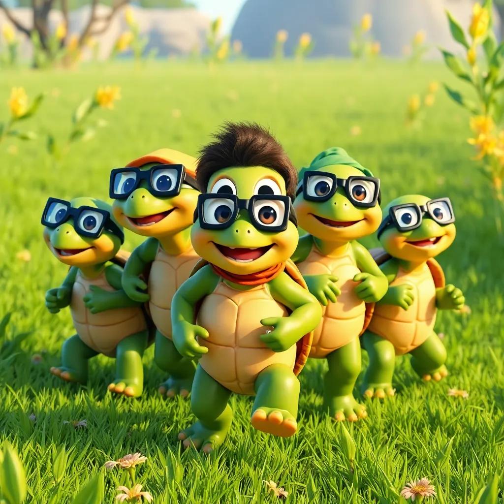 Tomás y un grupo de tortugas con gafas y cascos, corriendo juntos en un campo verde, riendo y disfrutando, ilustración divertida, colorido y animado, celebración alegre