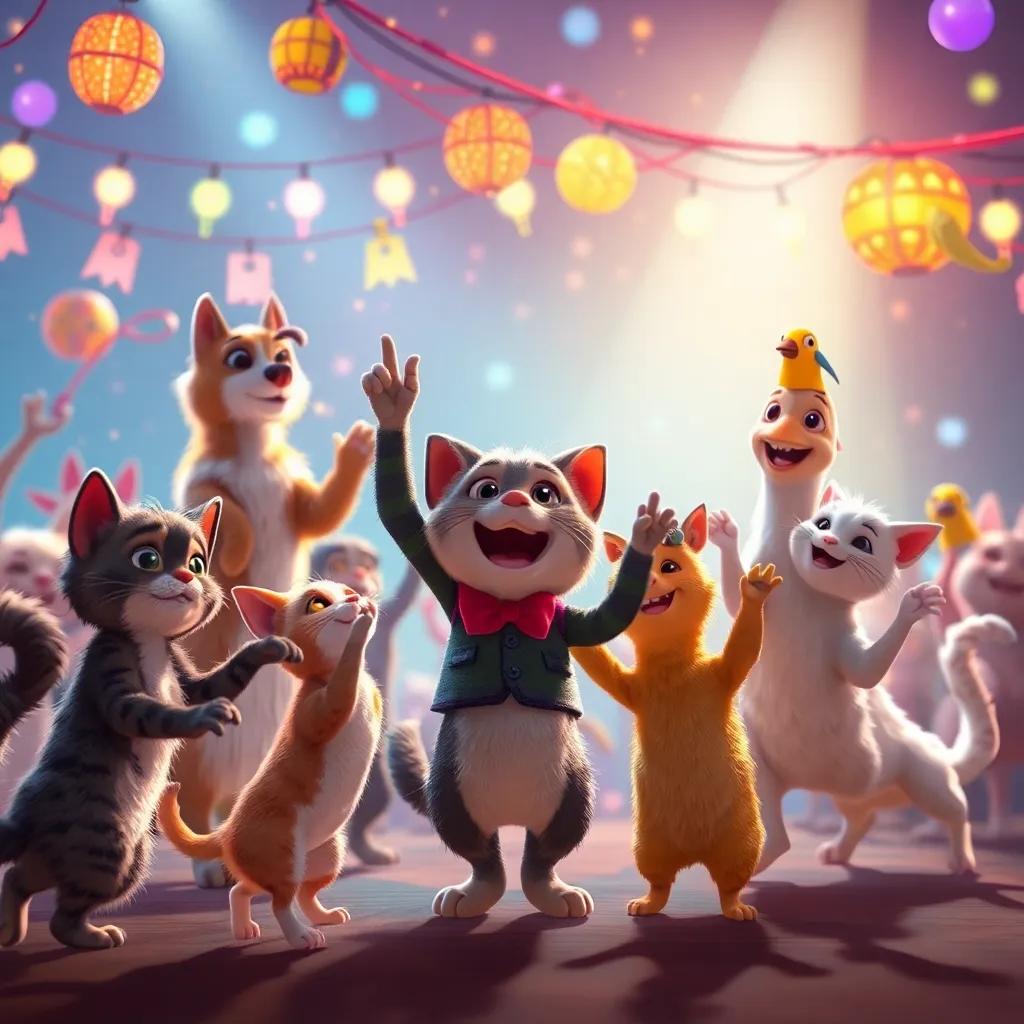 Un grupo de animales como gatos, perros y pájaros, bailando y festejando con Tomás en un ambiente festivo, luces brillantes y música en el aire, digital art, alegre y festivo, cálido y acogedor