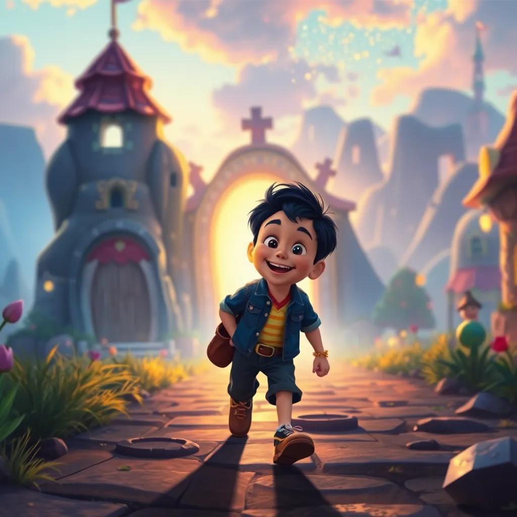 Tomás, sonriendo mientras camina hacia la puerta mágica al atardecer, con un fondo brillante lleno de aventuras detrás de él, digital painting, colorido y nostálgico, sensación de finalización