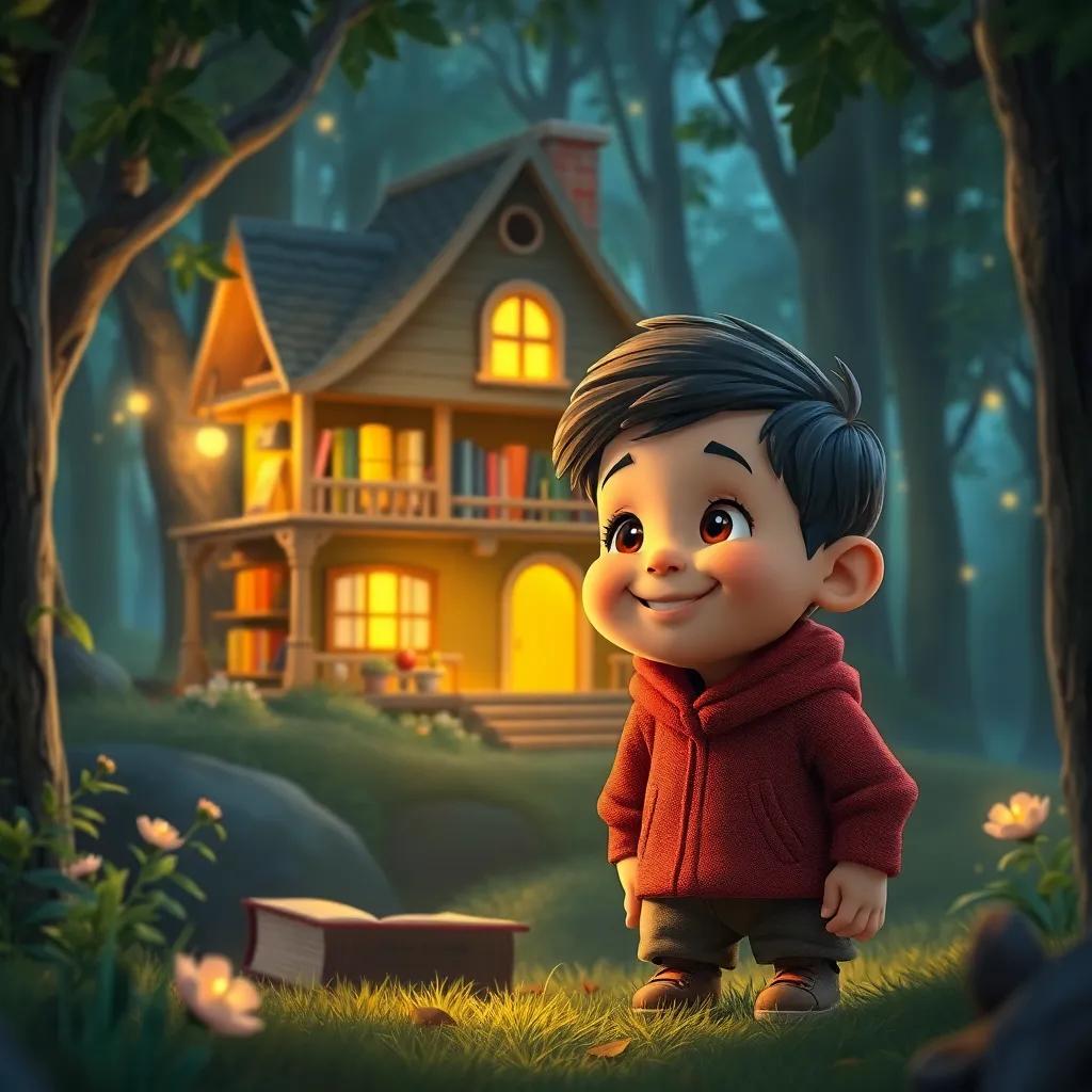 Un pequeño niño, Tomás, con una expresión de felicidad, viendo una casa llena de libros en el bosque, iluminada de forma mágica, ilustración tierna, encantadora y mágica, vista frontal