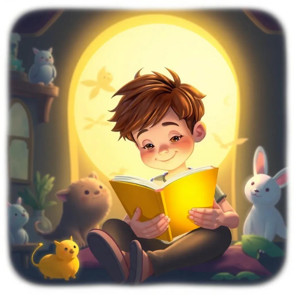 Tomás, un niño feliz con cabello castaño, iluminado por la luz de la luna mientras lee un libro en la casa mágica, rodeado de personajes de cuentos de hadas, digital art, mágico y envolvente, ambiente relajado