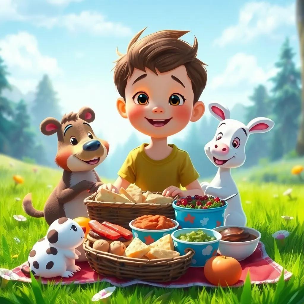Un niño y sus amigos animales, disfrutando de un picnic en un campo, con una gran variedad de deliciosos alimentos, digital painting, brillante y vibrante, atmósfera amigable
