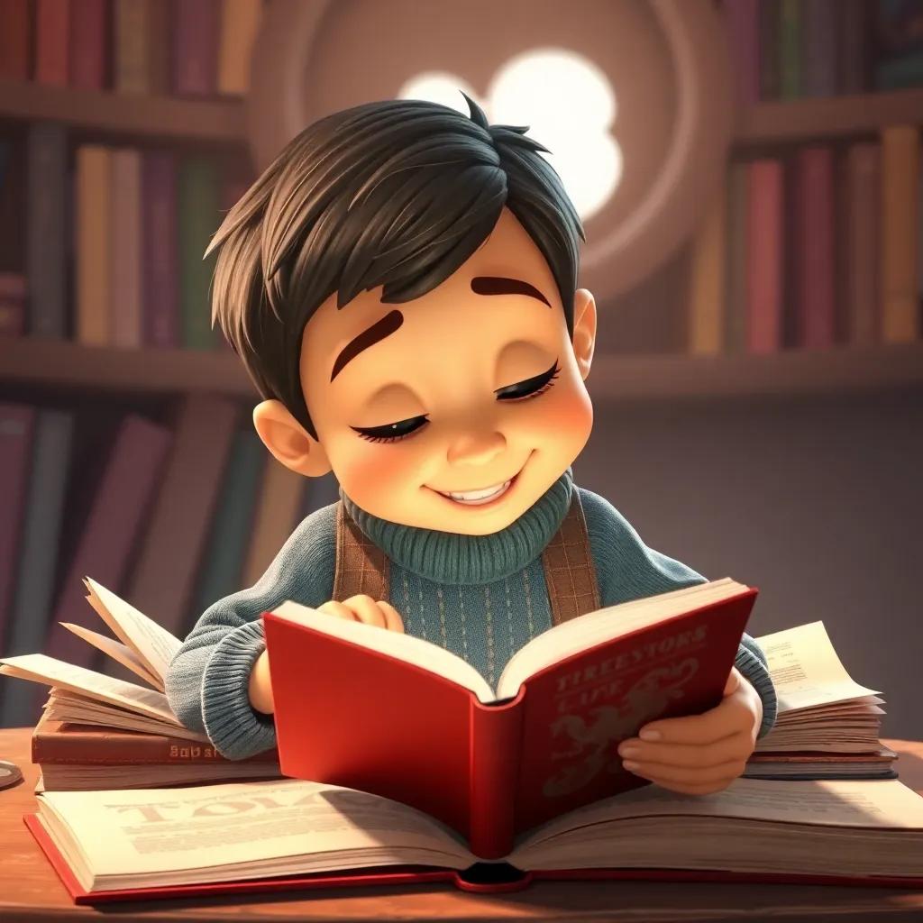 Tomás, ahora mayor, cerrando un libro con una sonrisa mientras recuerda sus aventuras en la casa mágica, rodeado de libros y cuentos, ilustración nostálgica, cálida y entrañable
