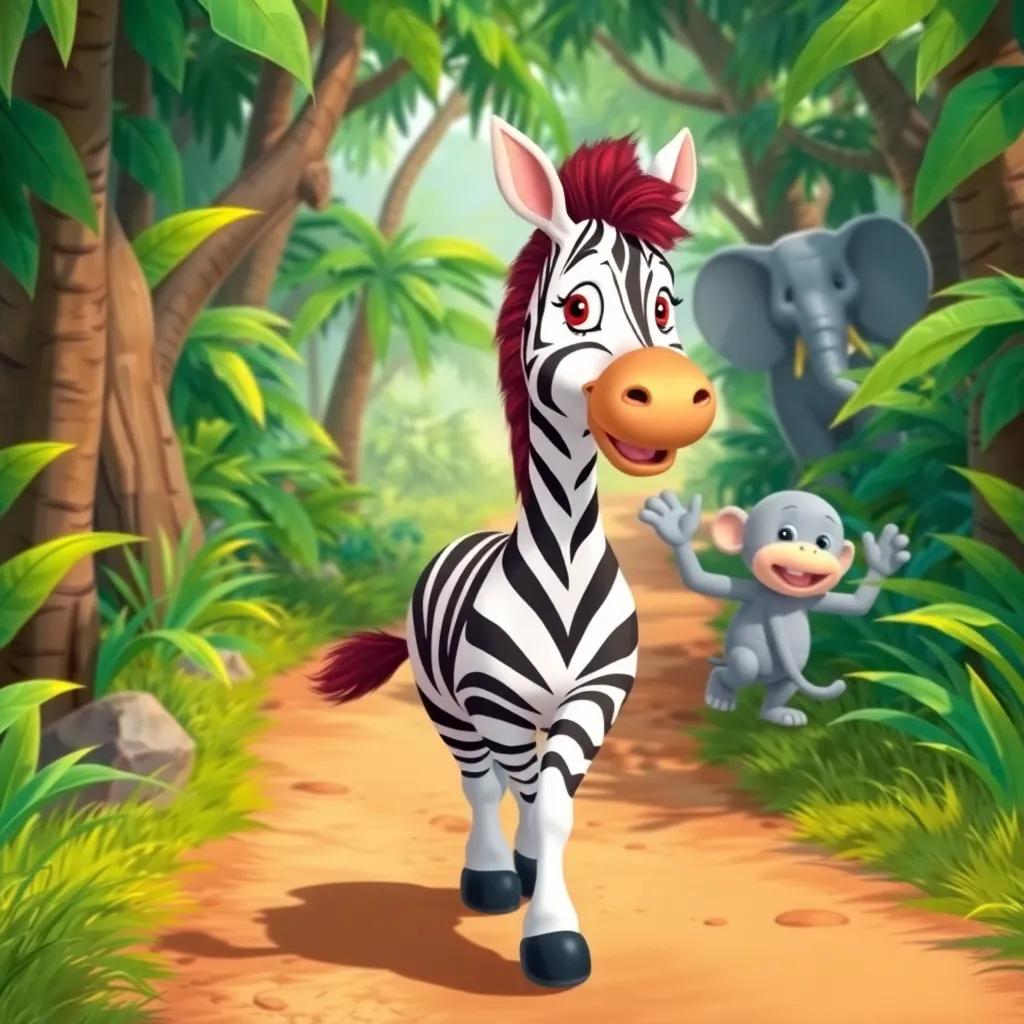 Rita the zebra, bravely walking along a jungle path filled with surprises, her friends the elephant and monkey waving goodbye, illustration, adventurous theme, bright colors, warm and cheerful, perspective view