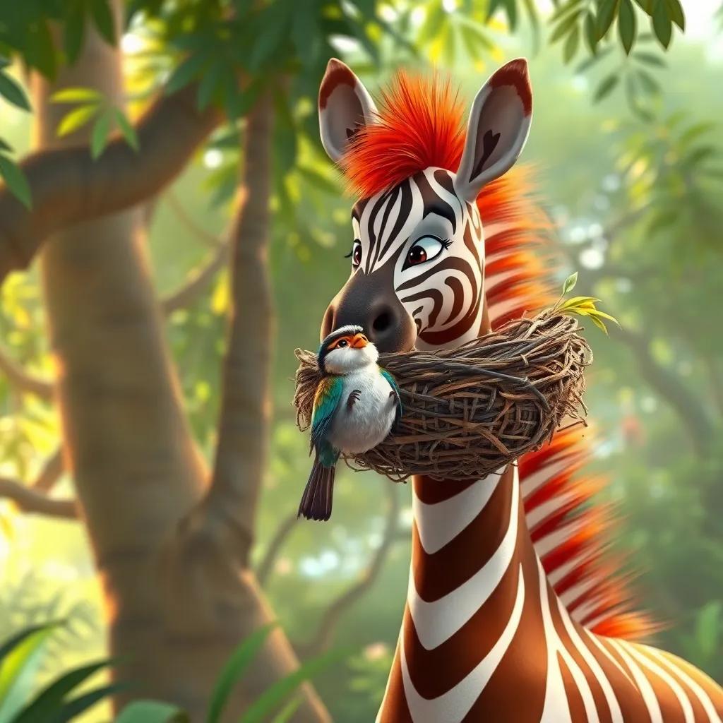 A small bird with colorful feathers, being gently held by Rita the zebra, with a nest high in a tree, the jungle backdrop full of greenery, digital painting, soft light, warm colors, uplifting moment, enchanting