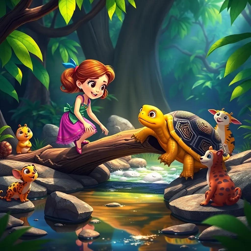 Rita helping a tortoise cross a shimmering stream by pushing a branch to create a bridge, joyful animals watching, bright jungle scene, vibrant colors, friendly atmosphere, detailed artwork
