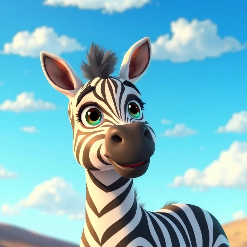 A zebra named Zuri, a young zebra with bright eyes and a curious expression, looking at the blue sky filled with clouds, illustration, cheerful, vibrant colors, warm and inviting atmosphere, high quality