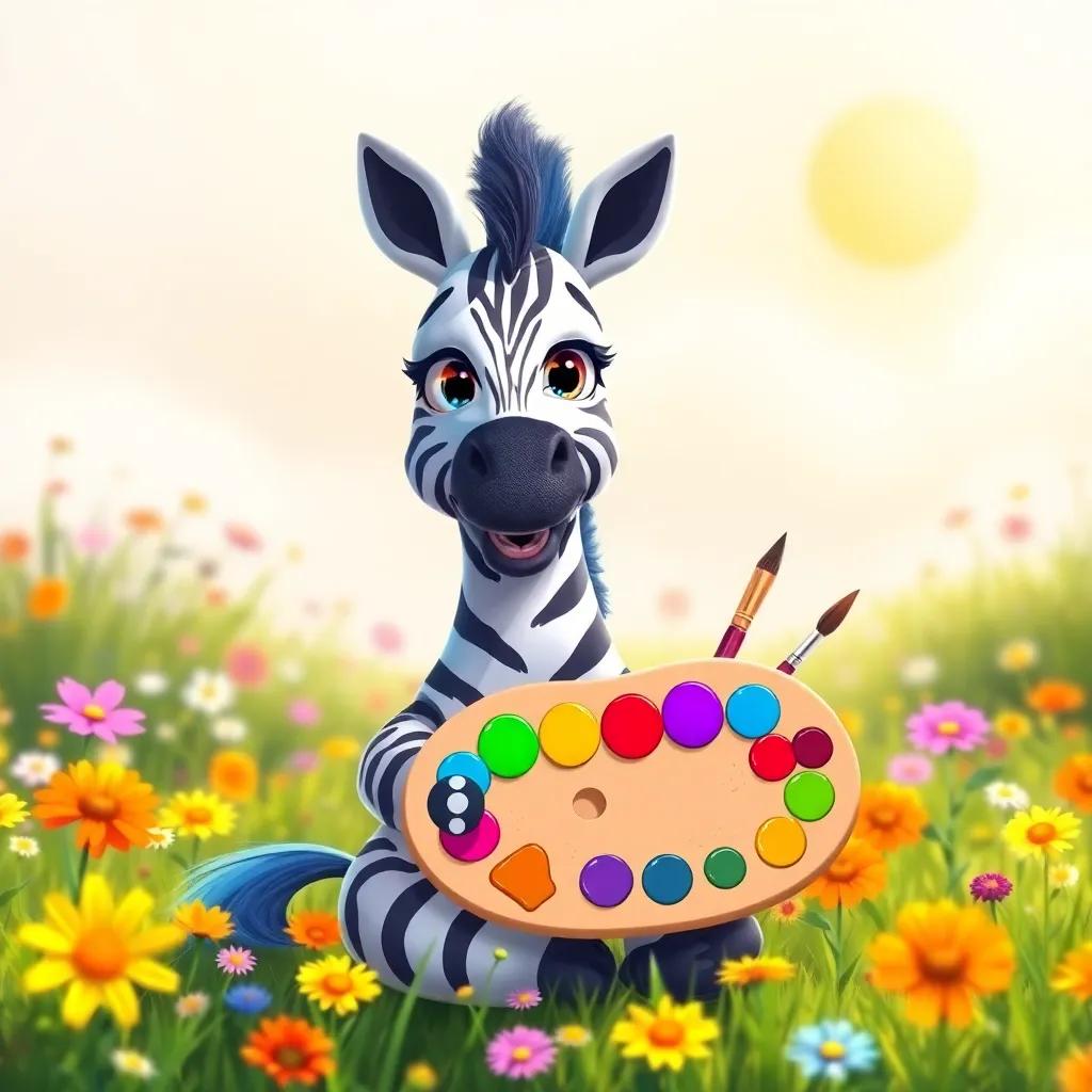 Zuri the zebra, with a palette of rainbow colors and paintbrushes, sitting in a sunny meadow filled with flowers, smiling and excited, illustration, colorful, magical, high quality