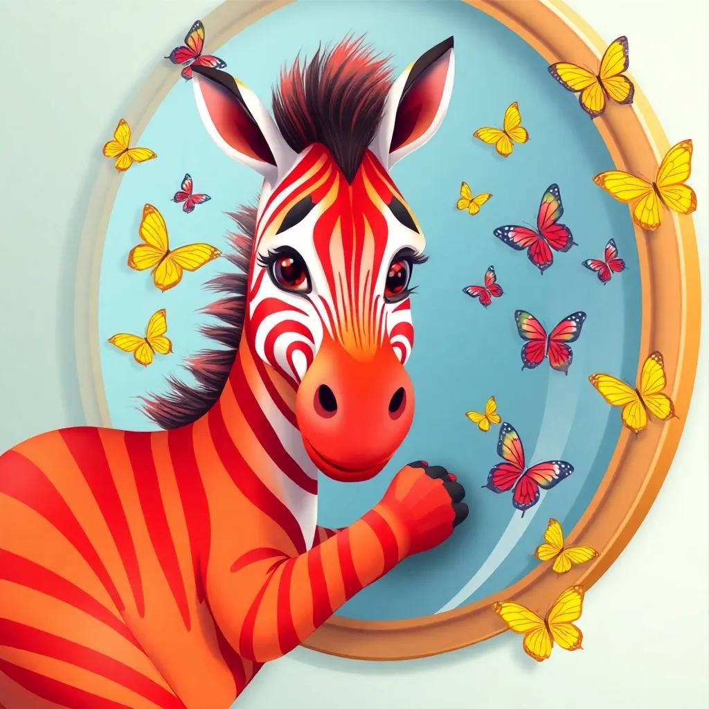 Zuri the colorful zebra, now painted red, orange, and yellow, admiring herself in a mirror surrounded by butterflies, illustration, vibrant, cheerful and loving, high quality