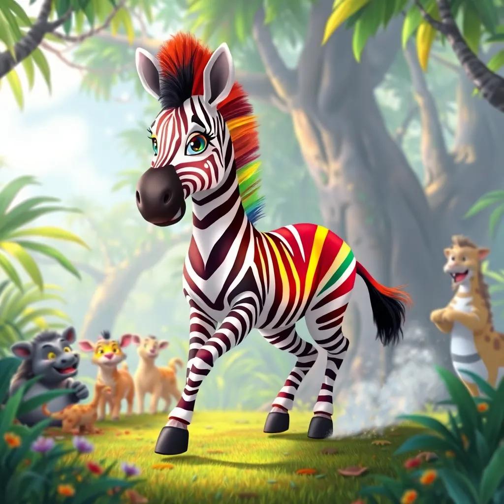 Zuri the zebra with bright rainbow colors, stepping out of the jungle with a trail of colors behind her, animals gasping in surprise, illustration, lively, exciting, high quality